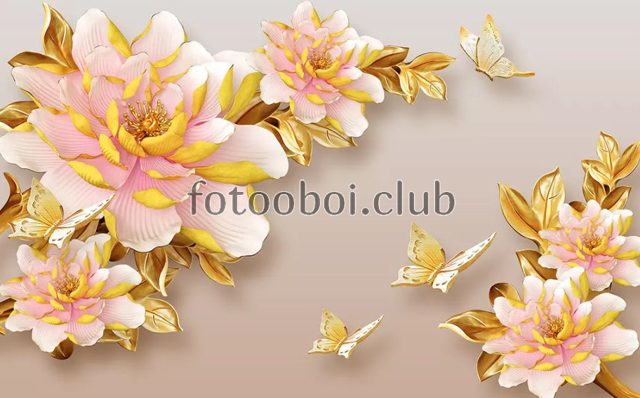 пионы, цветы, бабочки, золото, 3д, 3d