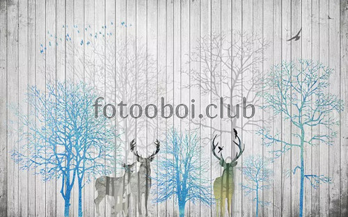 доски, деревья, олени, абстракция